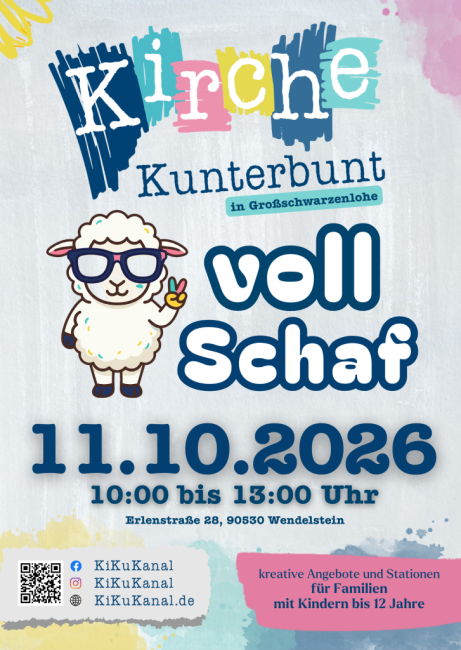 Plakat für Kirche Kunterbunt am 11.10.26 unter dem Motto: Voll Schaf