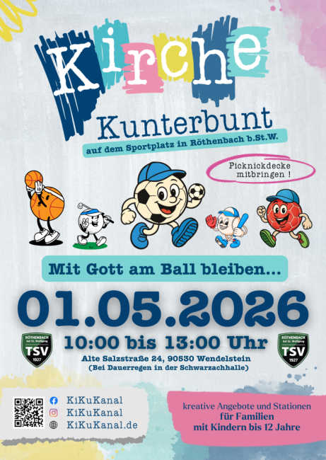 Plakat Kirche Kunterbunt 1.5.26 auf dem Sportplatz
